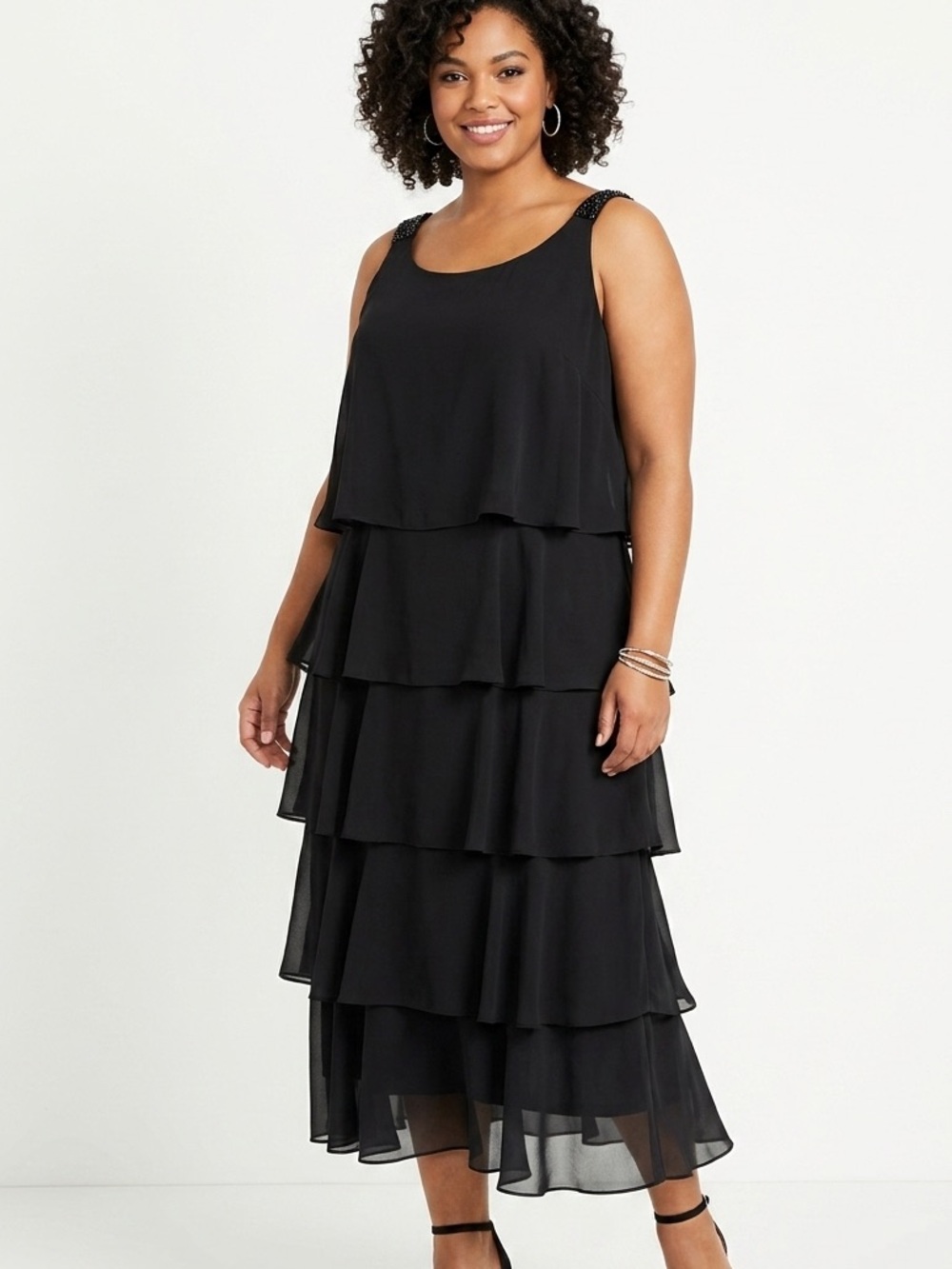 Chiffon Ruffled Tiered Midi Dress in Black plus size wedding party formal cruise